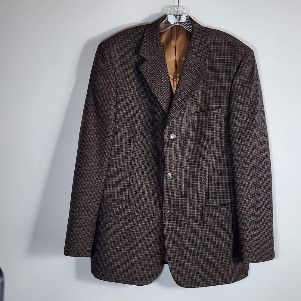 Van Heusen Blazer Mens 42R Brown Plaid Wool Blend Hipster Vintage Academia Work